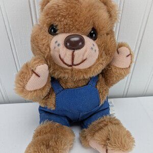 Vintage Dan Brechner Teddy Bear Plush 9" Stuffed Animal Blue Overalls Brown Nose